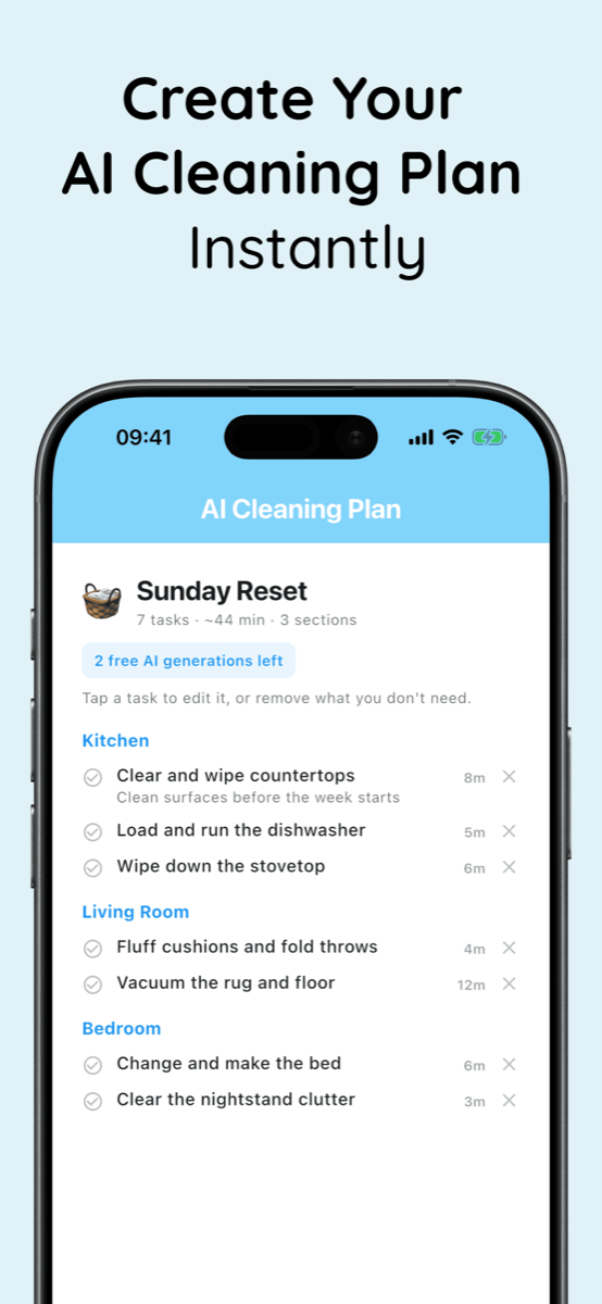 AI cleaning plan called Sunday Reset with 7 tasks in 44 minutes across kitchen, living room, and bedroom