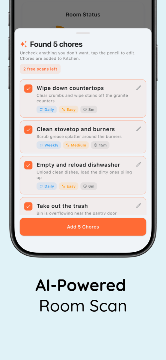 AI room scan results: found 5 chores for the kitchen with frequency, difficulty, and time estimates
