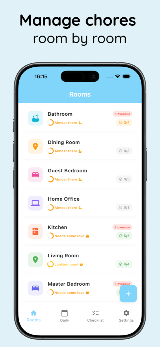 Rooms screen showing cleanliness status and overdue chores for bathroom, kitchen, living room, and bedrooms